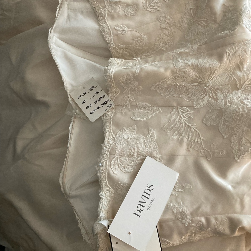 Selling David Bridal dress asking price firm dress never been worn.
